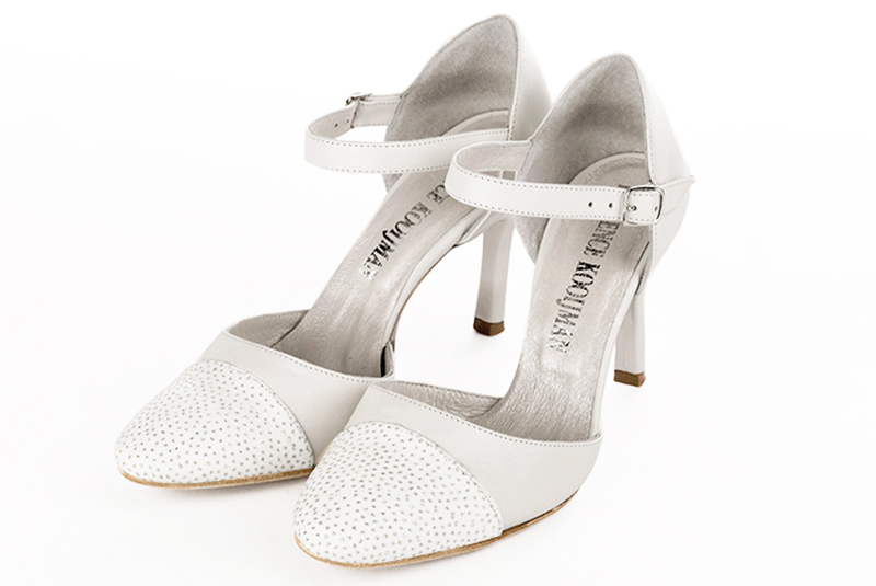 Light silver and off white women's open side shoes, with an instep strap. Round toe. Very high slim heel. Front view - Florence KOOIJMAN